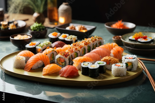 A lavish sushi spread featuring exotic ingredients like uni and toro generated with AI