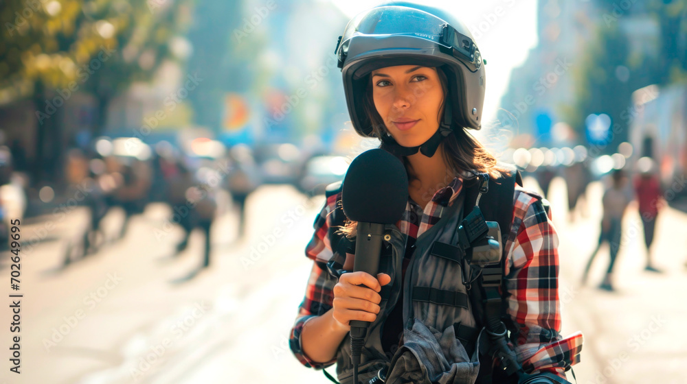 woman correspondent at a protest rally. AI generated woman correspondent at a protest rally. AI generated