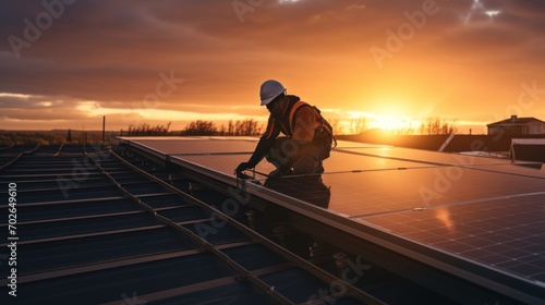 
A silhouette image capturing an anonymous male worker in a protective helmet and uniform, working on a roof with solar panels, set against a beautiful sunset sky