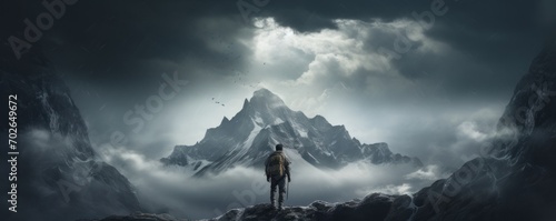 Anonymous tourist standing on rocky mountains under stormy sky