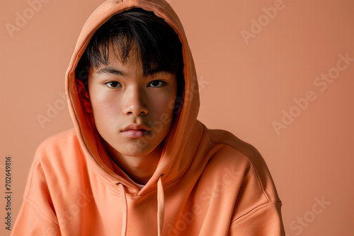 Asian happy teenage girl wearing hoodie on peach background
