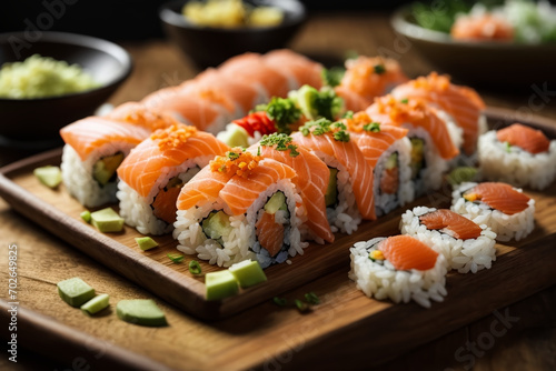 A delectable sushi presentation showcasing intricate rolls with crab generated with AI 