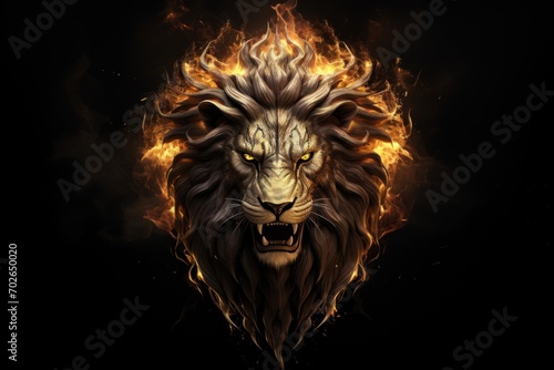  A visually striking and creative representation of a golden burning lion king head in a black style, featuring a soft mane, against a dark background
