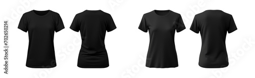 realistic set of female black t-shirts mockup front and back view isolated on a transparent background, cut out