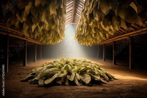 An expansive barn with rows of hanging tobacco leaves air-curing, with sunlight streaming through the entrance photo