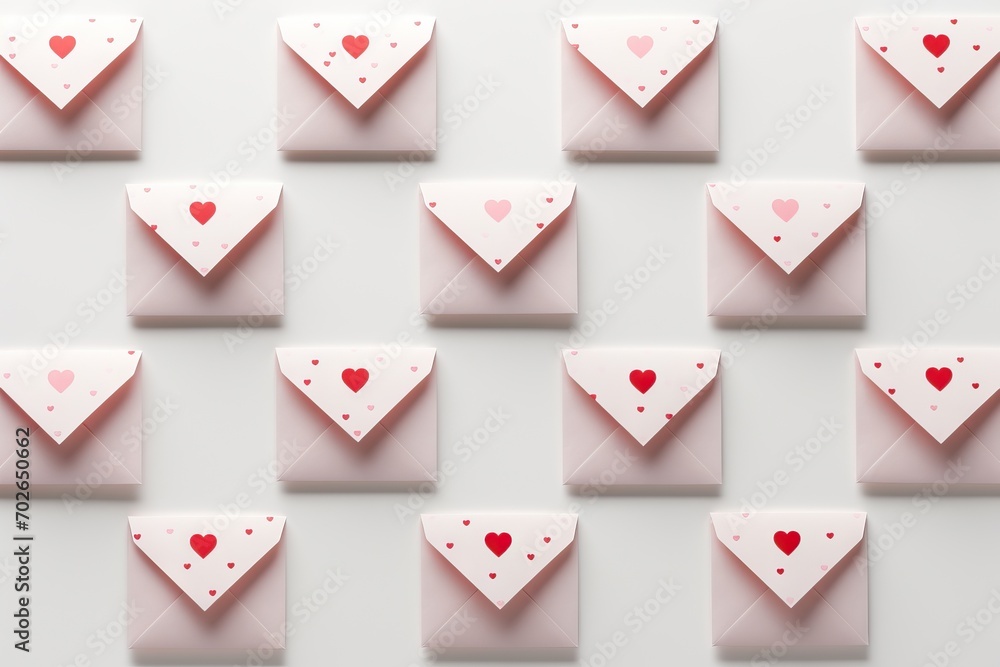 Light pink paper envelope with red hearts on white background. Romantic love letters for the Valentine's day. Letter card, wedding invitation. Love concept Light pink paper envelope with red hearts on white background. Romantic love letters for the Valentine's day. Letter card, wedding invitation. Love concept