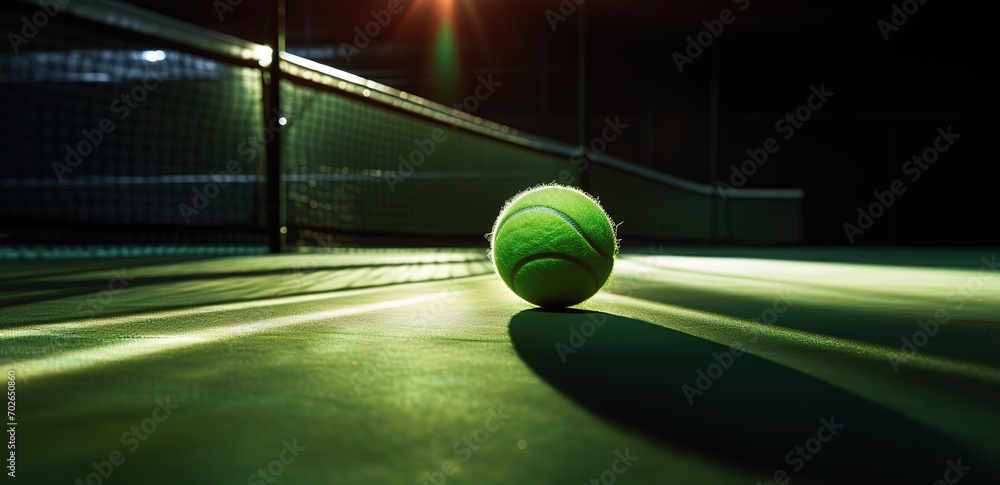 A tennis ball is photographed in the middle of a tennis court. generative AI