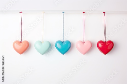 Colorful heart shape garland hanging on white background. Festive decorated with hearts for Valentine's Day. Romantic and love concept for design greeting card, banner, flyer, poster