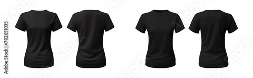 realistic set of female black t-shirts mockup front and back view isolated on a transparent background, cut out