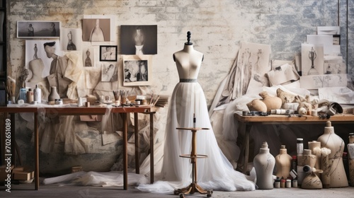 image of fashion designer haute couture table and various sketches on paper with white dress on miniature mannequin