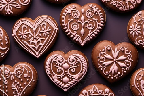 Homemade valentine cookies on dark purple background. Gingerbread hearts for Valentine's day. Sugar glazed cookies. Present for holiday, birthday, woman's day