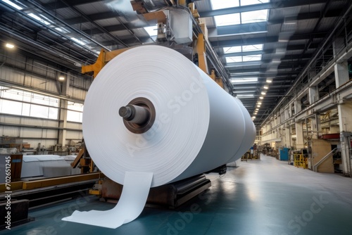 Large rolls of thermal paper produced in a mill factory, manufacturer with industrial slitting machine