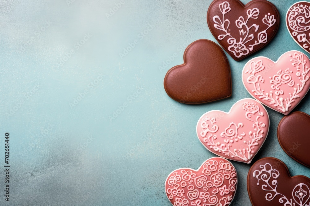 Obraz premium Homemade valentine cookies on pastel blue background with copy space. Gingerbread hearts for Valentine's day. Sugar glazed cookies. Present for holiday, birthday, woman's day. Greeting card or banner