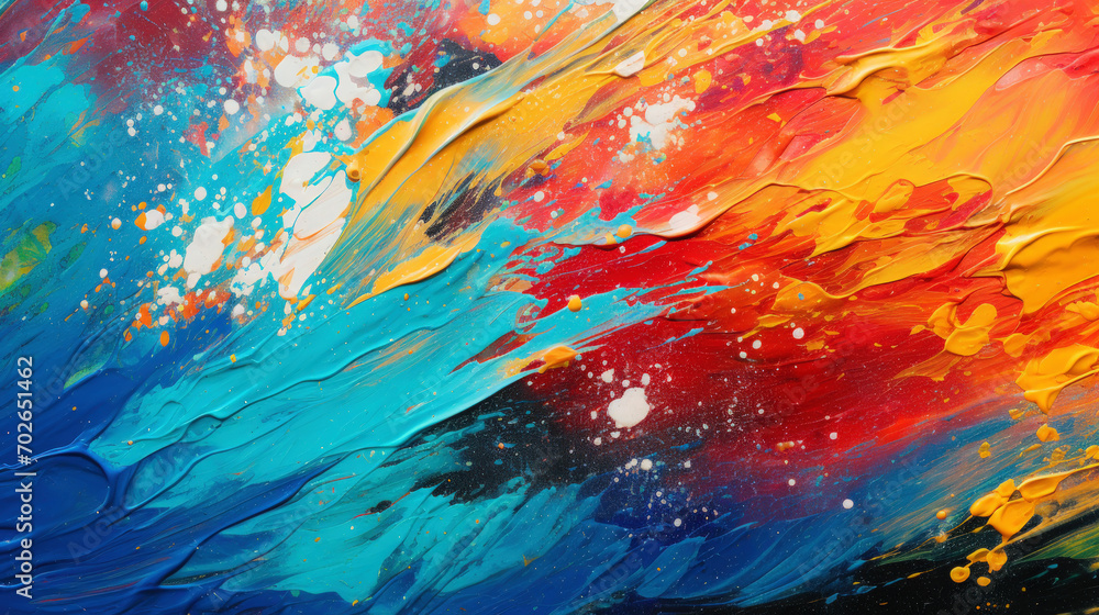 A bright and colorful abstract art piece that features a dynamic explosion of paint splatters. Multilayered surfaces.