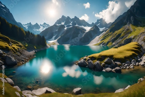Lake in the Swiss Alps. Panoramic view of the nature and mountains of Switzerland.