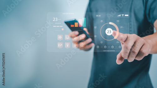 Wallpaper Mural Human pointing fingers to use smart applications, Smart home concept, Smart home Automation Control System, Smart home dashboard interface control connected devices and set up automations. Torontodigital.ca