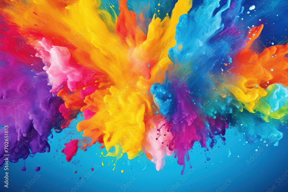 A lively background filled with splashes of colored powder or paints.