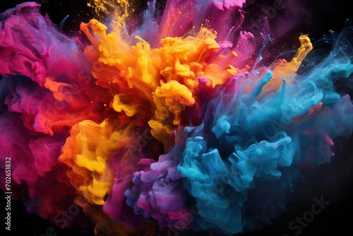 A lively background filled with splashes of colored powder or paints. photo