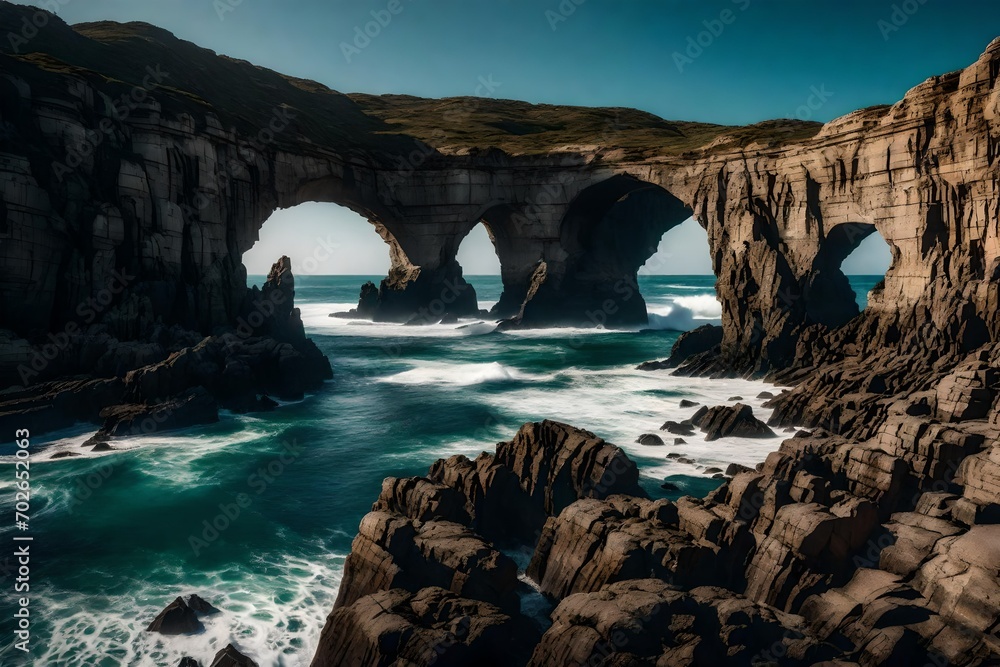 A network of natural rock arches along the coastline, sculpted by the relentless force of the ocean waves over the years. A network of natural rock arches along the coastline, sculpted by the relentless force of the ocean waves over the years.