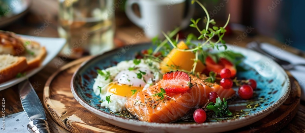 European style breakfast with salmon and fruit European style breakfast with salmon and fruit