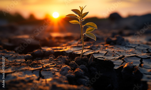A solitary young plant sprouting from parched earth at sunset, symbolizing hope, new beginnings, and the resilience of nature amidst adversity