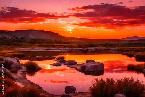 Pink and orange sunrise over mountain pond at dawn in the Pryor Mountains Wild Horse Range in Montana photo