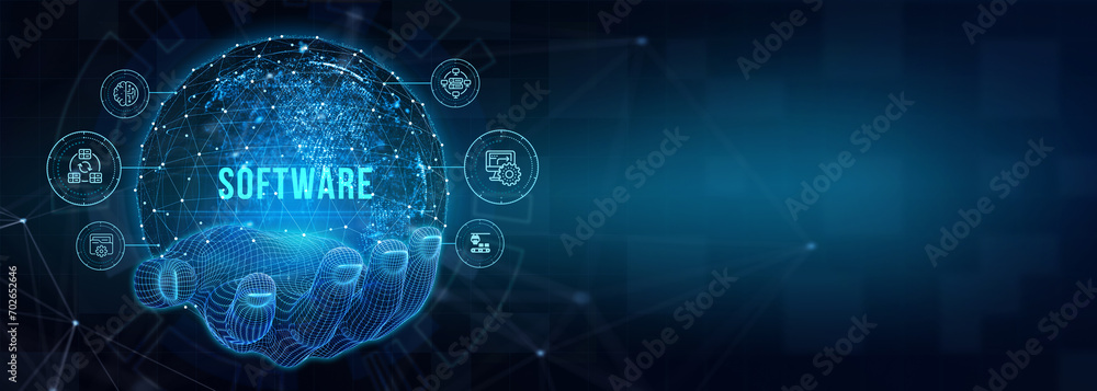 Software development and business process automation, internet and technology concept on virtual screen. 3d illustration Software development and business process automation, internet and technology concept on virtual screen. 3d illustration