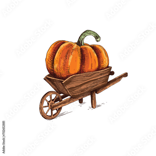 Hand drawn farmer wooden cart with pumpkin. Farm fresh delivery design template. Vector illustration isolated on white background.