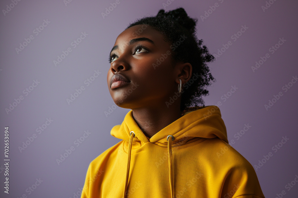 Obraz premium African American serious teenage girl wearing hoodie on purple background