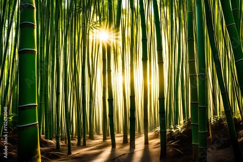 A dense bamboo forest with sunlight filtering through the tall stalks  creating a serene and magical atmosphere.