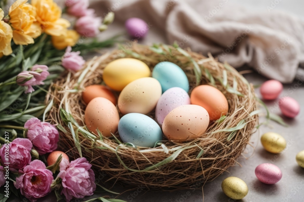 Naklejka premium Colorful decorated easter eggs in a nest on a table with spring flowers, top view