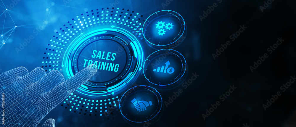 Sales training, Business development and marketing concept on virtual screen. 3d illustration