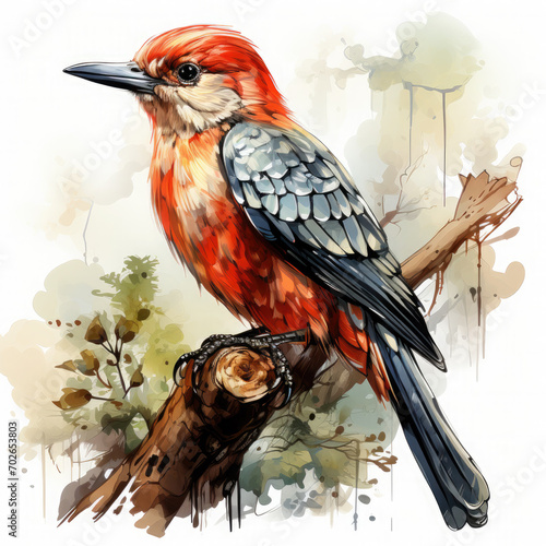 Watercolor Woodpecker Illustration, Generative Ai photo