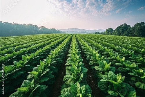 Drone perspective of the vast tobacco fields under the early morning sun, highlighting sustainable farming practices