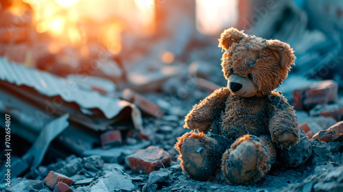 A soft children's toy teddy bear lies on the ruins of a destroyed city. AI generated photo