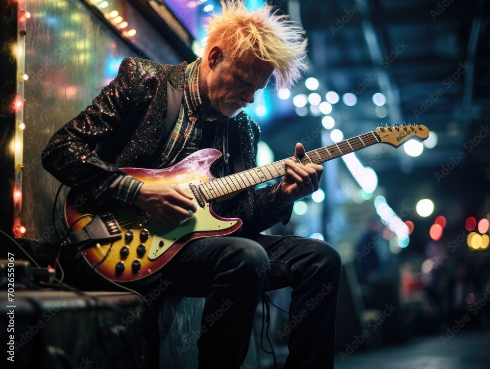 Obraz premium A man with blonde hair playing a guitar. Generative AI.