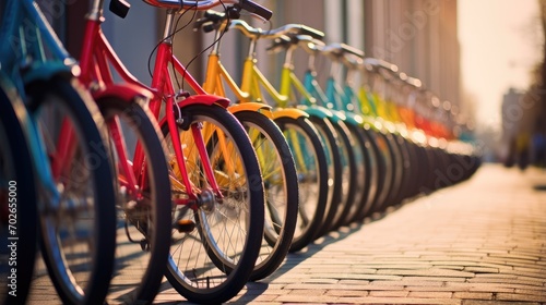 A row of colorful bicycles parked next to each other. Generative AI. photo