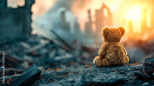 A soft children's toy teddy bear lies on the ruins of a destroyed city. AI generated photo