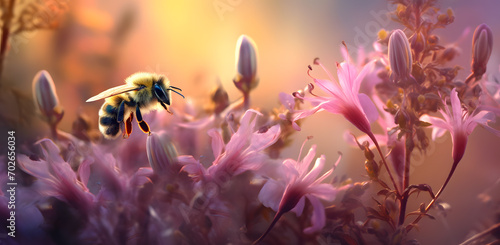 Bee working on a bright sunny day with beautiful bokeh Beautiful colorful summer spring natural flower background. © katobonsai