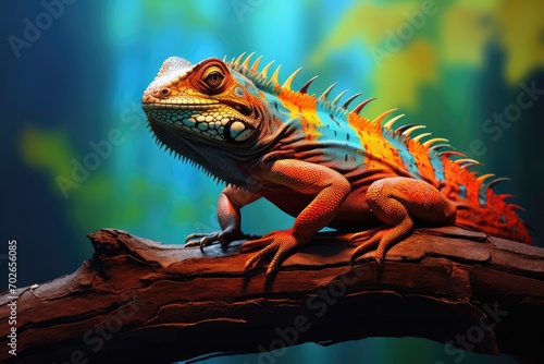 Beautiful green chameleon on turquoise blue background with tropical plants and leaves. Veiled colorful chameleon on branch. Reptile lizard in zoo terrarium. Exotic domestic pet concept. 