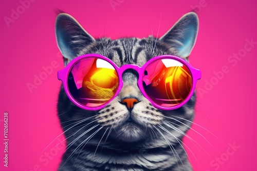 Portrait of grey british cat in fashion pink sunglasses. Funny pet on bright magenta background. Kitten in cool glasses. Fashion, style, summer vacation concept with copy space