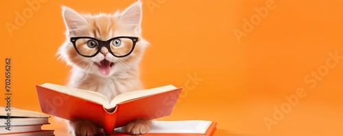 Ginger tabby cat wearing glasses reading a book with open mouth on orange background. Strong emotions, shock, surprise. Pet animal character. Kitten study with book. Love read. New bestseller concept