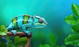 Beautyfull green chamelon on turquoise blue background with tropical plants and leaves. Veiled colorful chameleon on branch. Reptile lizard in zoo terrarium. Exotic domestic pet concept. 