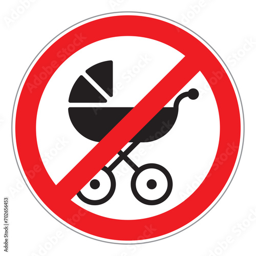 Vector red circular sign. Symbol no entry with strollers. Isolated on white background.