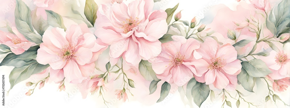 Water color banner with spring flowers on light pink background. Generative AI