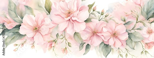 Water color banner with spring flowers on light pink background. Generative AI © Janis