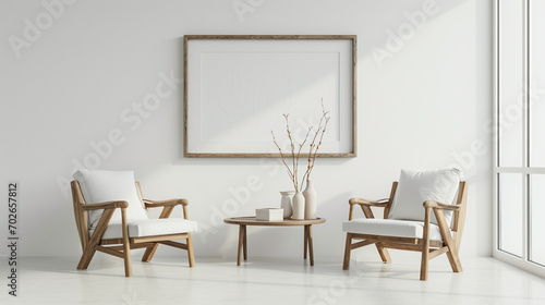 Living room design with empty frame mockup  two wooden chairs on white wall. AI Generative