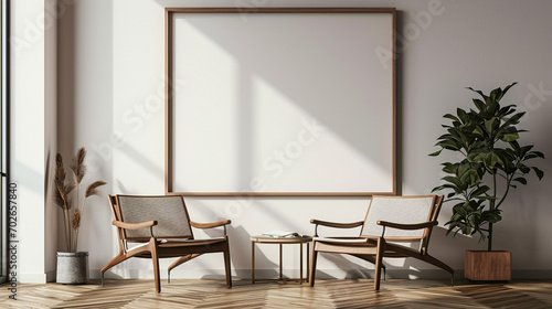 Living room design with empty frame mockup, two wooden chairs on white wall. AI Generative © Witri