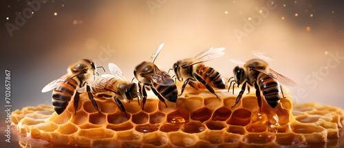 a bee on a honeycomb collects honey, sits on a honeycomb © katobonsai