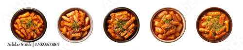 Collection bowl of Korean food, tteokbokki isolated on a transparent background, top view  photo